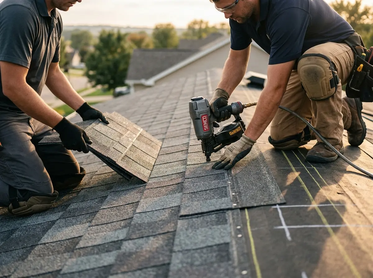Professional roofer working on a residential roof in Bryn Mawr-Skyway